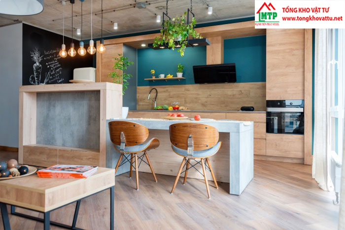 Tấm xi măng vân gỗ ốp tường cho khu vực phòng bếp